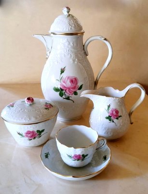 antique French porcelain bowl set with roses décor