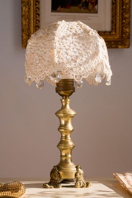 Vintage Brass Base Table Lamp with Hand Sewn Organza Friezes and Pearls Lampshade