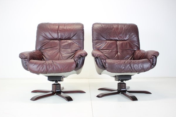 Scandinavian Leather Swivel Chairs with Footrest 1970s Finland