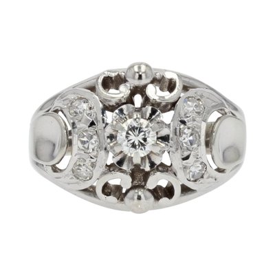 French Art Deco Diamond 18 Karat White Gold Dome Ring 1930s