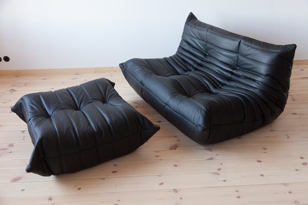 Black Leather Togo 2 Seat Sofa Pouf by Michel Ducaroy for Ligne Roset Set of 2