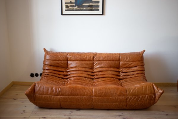 Vintage Pine Leather Togo 3 Seat Sofa, Ligne Roset Leather Sofa