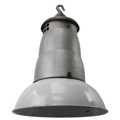 Large Vintage French Industrial Light Grey Enamel Pendant Lights