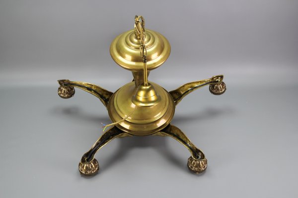 Lustre antique Arts & Crafts en fer et bronze avec abat-jour en verre