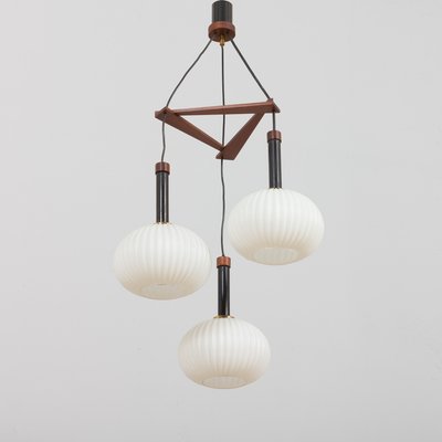 Ribbed Glass and Teak Pendant Lamp Attributed to Louis Kalff