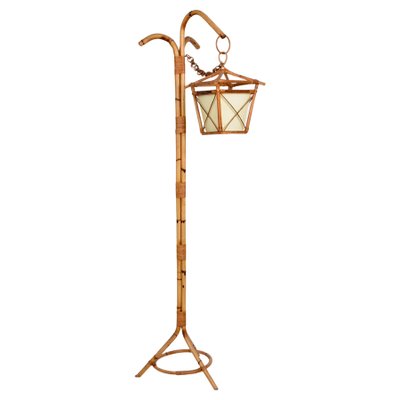 Mid Century Italian Bamboo and Rattan Floor Lamp with Tripod Base 1950s for sale at Pamono