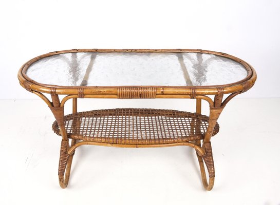 Mid Century Dutch Oval Rattan And, Vintage Cane Coffee Table With Glass Top