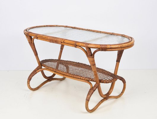 Mid Century Dutch Oval Rattan And, Vintage Cane Coffee Table With Glass Top