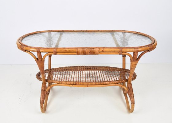 Mid Century Dutch Oval Rattan and Bamboo Coffee Table with Glass