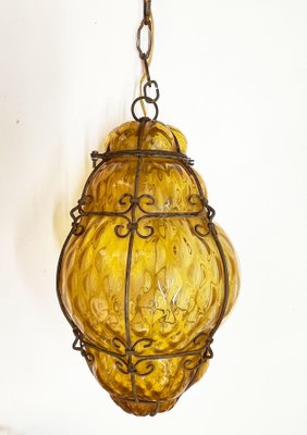 Mid Century Italian Handblown Murano Amber Glass Cage Pendant Light from Seguso 1940s for sale at Pamono