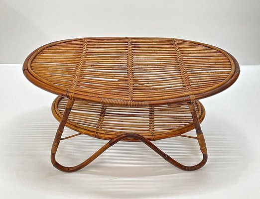 Mid-Century Italian Rattan and Bamboo Oval Coffee Table, 1950s for