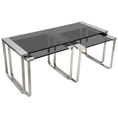 Mid Century Italian Chromed Metal Aluminum Smoked Glass Nesting Tables 1970s Set of 3 for sale at Pamono