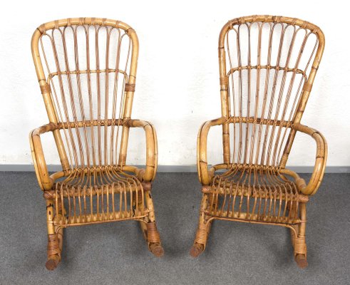 Mid Century Italian Rattan Bamboo Rocking Chairs 1960s Set of