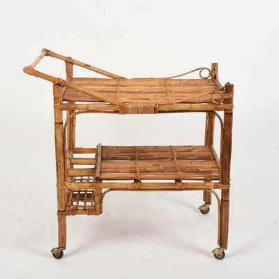 Midcentury French Bamboo Rattan Rectangular Serving Bar Cart Trolley Drinks cart