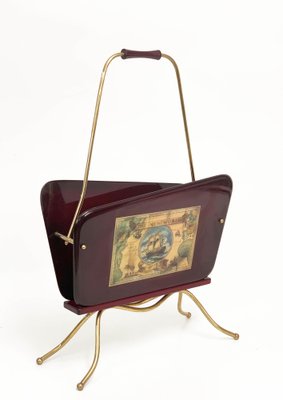 Mid-Century Italian Wood and Brass Magazine Rack with Handle by Gio Ponti,  1950s for sale at Pamono