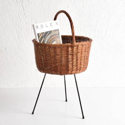 Mid-Century Italian Wicker Basket Magazine Rack with Enameled Iron Base,  1950s for sale at Pamono