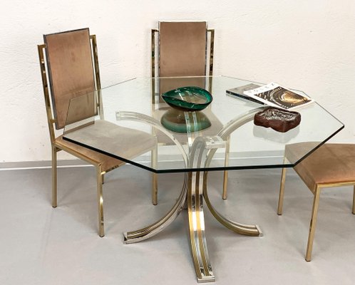 Octagonal Dining Table in Brass Chrome Glass Italy 1970s