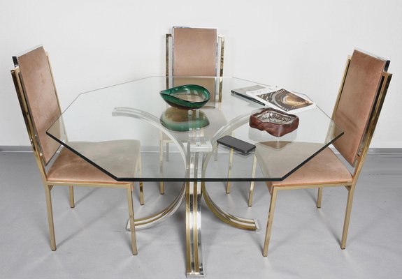 Octagonal Dining Table in Brass Chrome Glass Italy 1970s for