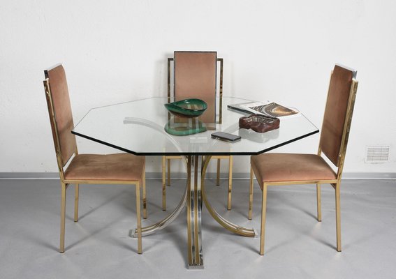 Octagonal Dining Table in Brass Chrome Glass Italy 1970s