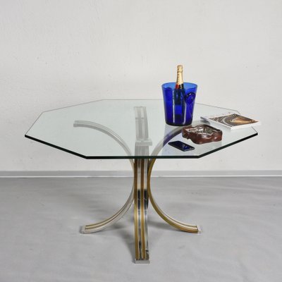 Octagonal Dining Table in Brass Chrome Glass Italy 1970s for