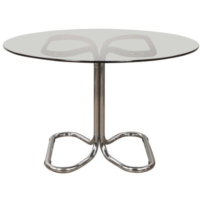 Italian Chrome Base And Smoked Glass, Round Dining Table With Glass Top Chrome Base