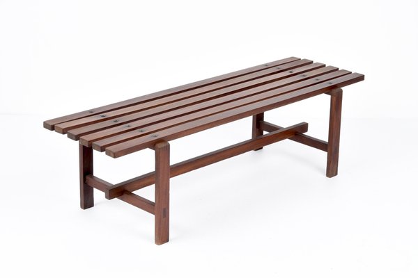 Mid Century Scandinavian Dark Brown Teak Wood Bench 1960s for