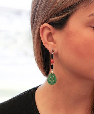 Pierced, New Vintage Handmade Taiwan Green Jade 18K Gold Earrings