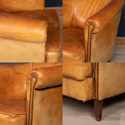 20th Century Dutch Sheepskin Leather Tub Chair Footstool Set of