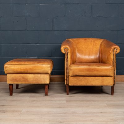 20th Century Dutch Sheepskin Leather Tub Chair Footstool Set of