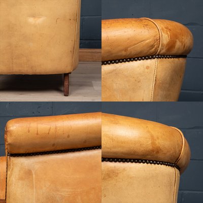 20th Century Dutch Sheepskin Leather Tub Chair Footstool Set of