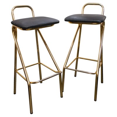 Mid Century Brass Metal Leather Bar Stools Italy 1960 Set of 2