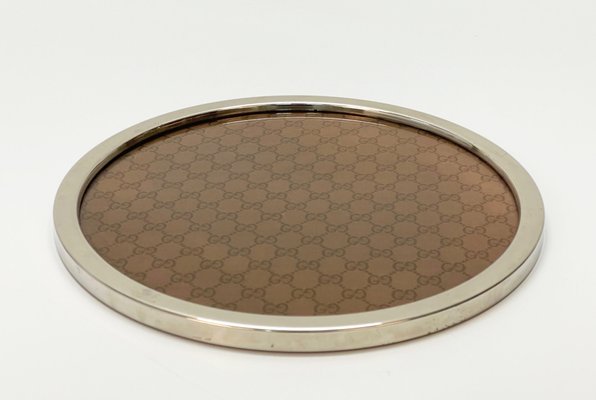 Mid-Century Italian Silvered Metal, Brown Fabric and Acrylic Glass Tray  from Gucci, 1969 for sale at Pamono