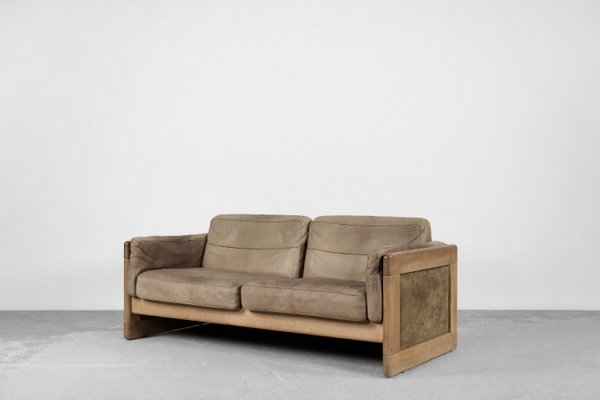 Vintage Scandinavian Mid Century Modern Leather and Oak Sofa 1970s
