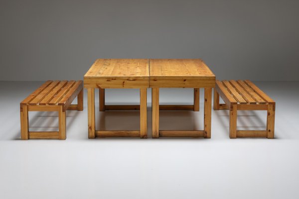 Unique collection of 10 pine Charlotte Perriand tables, 1960's