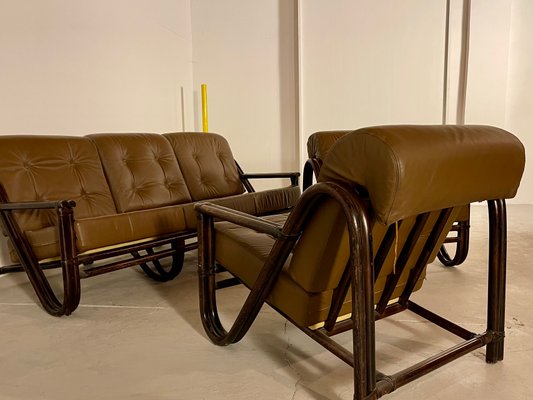 Bamboo Sofa and 2 Armchairs Set 1970s Set of 3