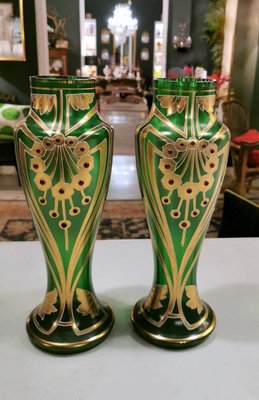 Vasi Art Nouveau in vetro soffiato e smaltati color oro di Legras & Cie,  Francia, set di 2 in vendita su Pamono