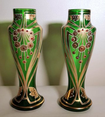 French Art Nouveau Vases in Blown Glass Decorated with Gold Enamel from Legras Cie Set of 2