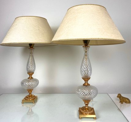 Neoclassical Cut Crystal Brass Table Lamps Italy 1950s Set of 2