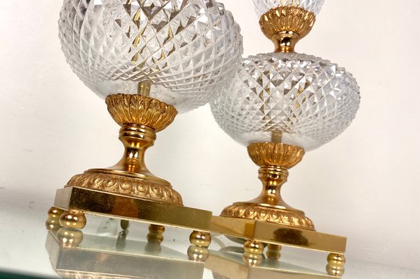 Neoclassical Cut Crystal & Brass Table Lamps, Italy, 1950s, Set of