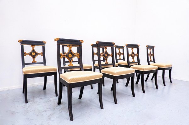 Empire Style Belgian Black and Gold Dining Chairs Set of 8 for