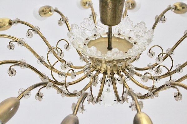 Mid-Century Modern Austrian Brass and Crystals 14 Arms Chandelier