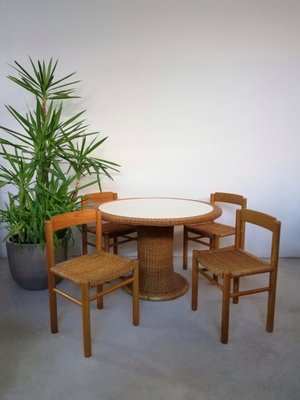 Italian Bamboo Midollino Table and Chairs 1970s Set of 5 for