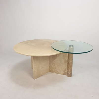 Travertine and store glass coffee table