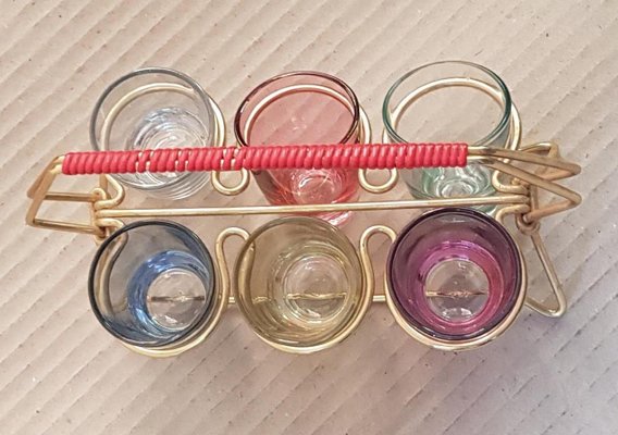 Drinking Shot Glass Set with Metal Holder, 1950s for sale at Pamono