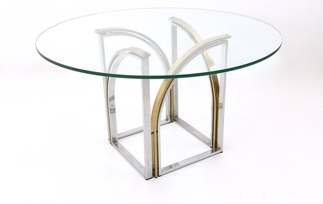 Postmodern Round Brass And Steel Dining, 3 Legged Round Table With Glass Top