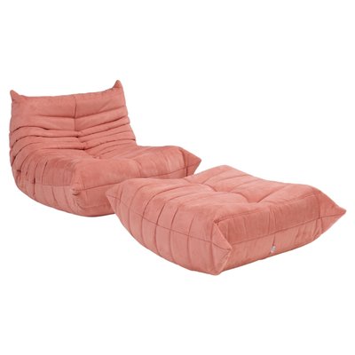 Togo Pink Armchair and Footstool by Michel Ducaroy for Ligne Roset Set of 2