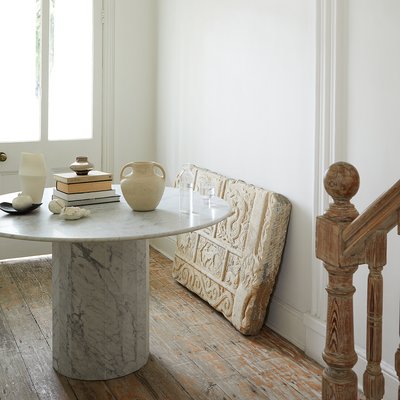 Ashby Round Dining Hall Table Handcrafted in Honed Bianco Carrara Marble by Kevin Frankental for Lemon