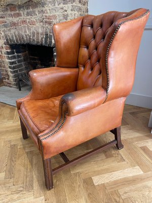 Antique Georgian Leather Library Or, Brown Leather Fireside Chair