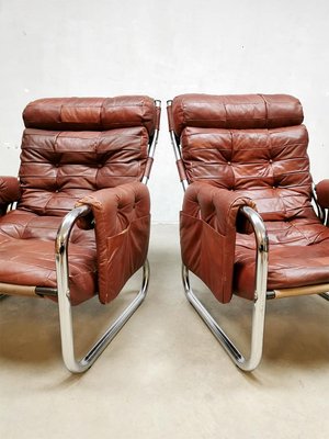 Mid Century Patchwork Leather Sling Lounge Chair 1970s Set of 2