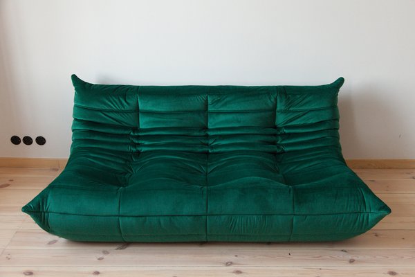 Bottle Green Velvet Togo 3 Seat Sofa by Michel Ducaroy for Ligne Roset